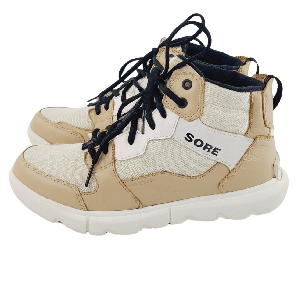 Sorel, Lace Up Round Toe Mid Top Sneakers Boots Women Size 9.5 Beige White Black